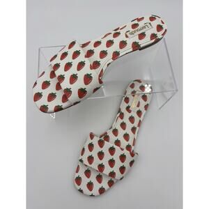 Larroude Flat Slides Sandals White Red Strawberry Print Size 8